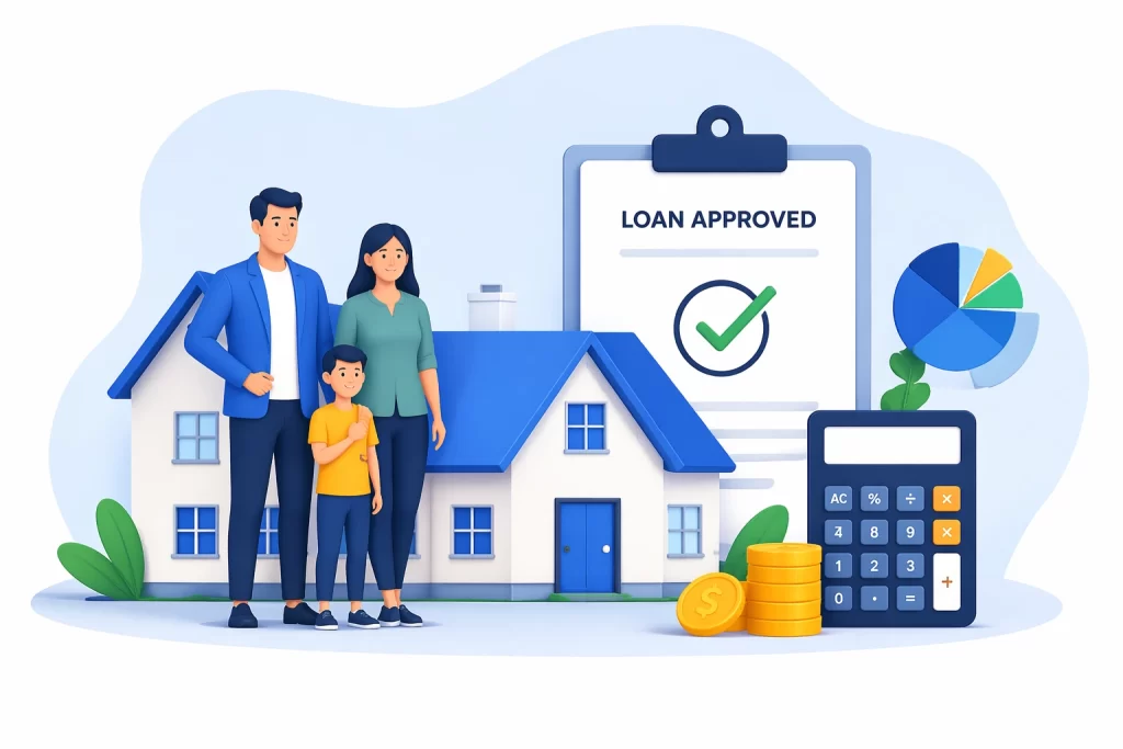Family reviewing loan options and planning their future home with financial tools and approval concept