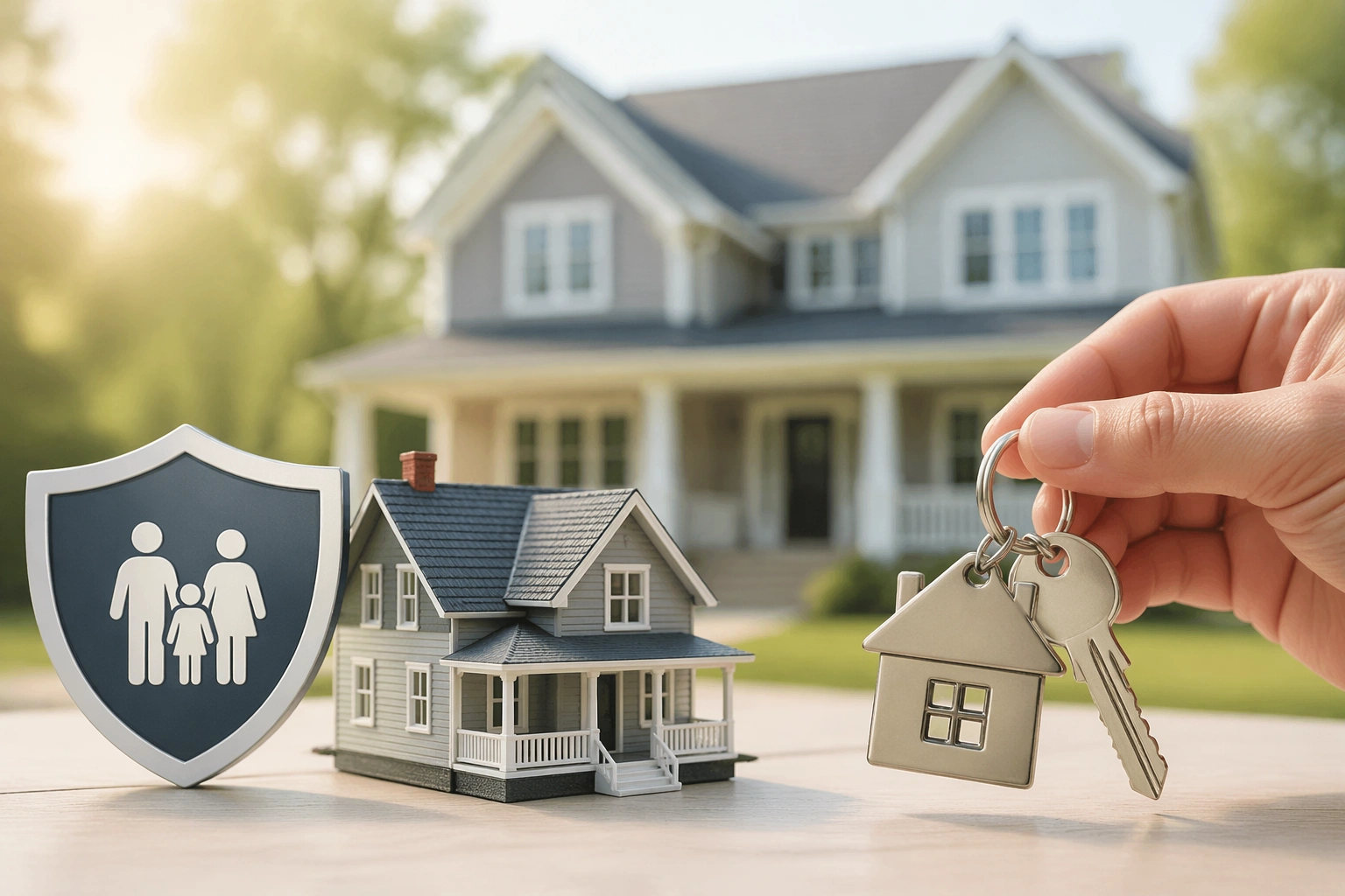 Couple receiving house keys with a model house