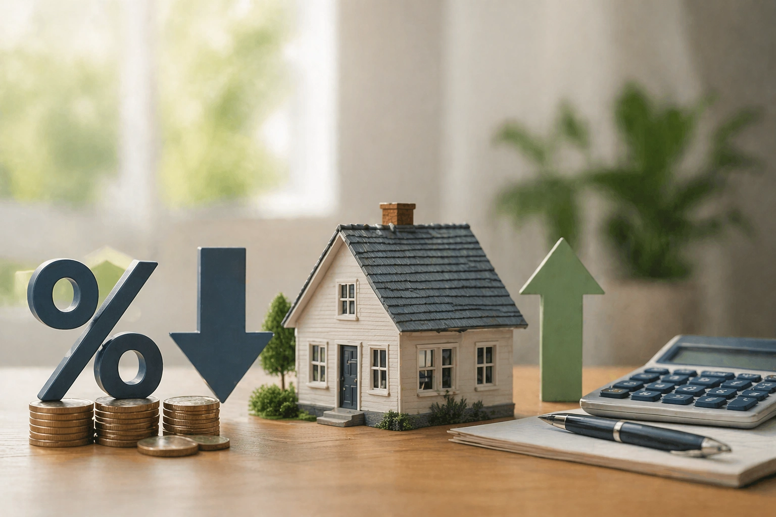 Miniature house, coins, and financial symbols