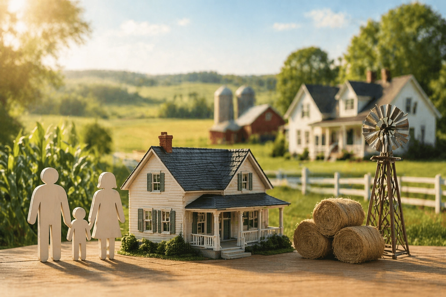 Countryside scene with a family and miniature house